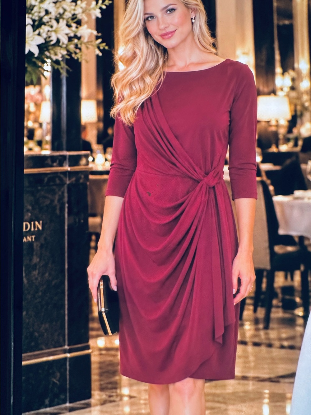 Elegant premise Burgundy Draped Knot-Detail Women's Dress